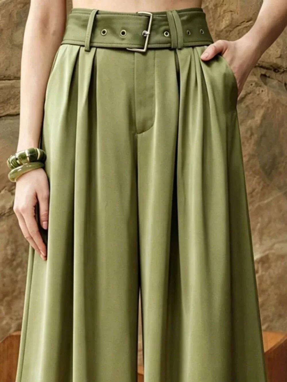 Olive Green Elegant Satin Wide-Leg Women's High-Waisted Office Pants - Picture 2 of 7